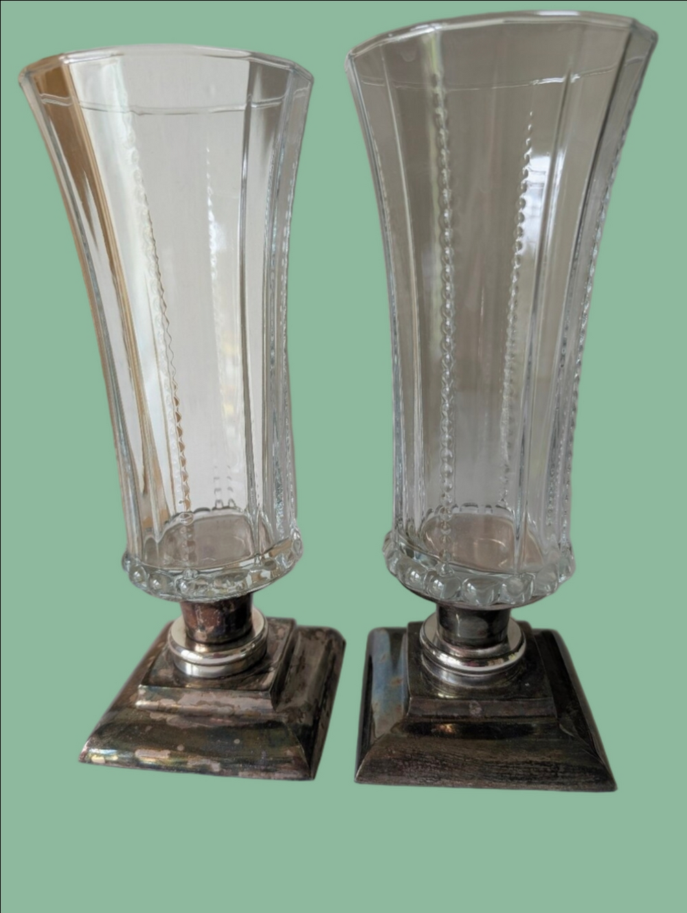 Vintage Candle Holders  Clear Beaded Glass  Silver-Tone Square Bases - Pair